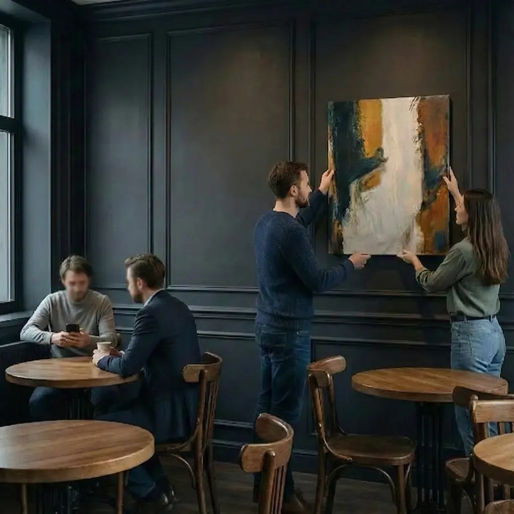 Artiste accrochant une toile dans le café Sdakox