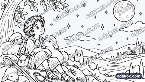 Page de coloriage de l'album : David et ses moutons sous un ciel étoilé, en noir et blanc