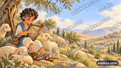 Illustration de l'album : David, jeune berger, joue de la harpe assis parmi ses moutons
