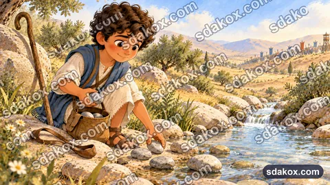 Illustration de l'album : David choisit cinq pierres lisses au bord du ruisseau